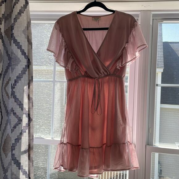 Andrée By Unit Shimmer Medium Dress Faux Wrap Fairy Sleeve Pink Tie at Waist - Picture 5 of 8